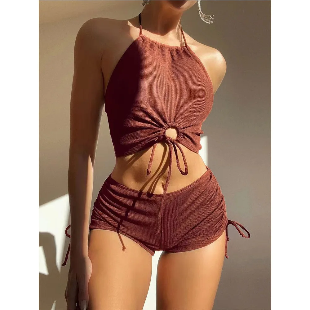 2024 Summer Black Swimsuits Shorts High Neck Bikini Sets Female Swimwear Sports Beach Wear Women's Two-Piece Bathing Suits Pool