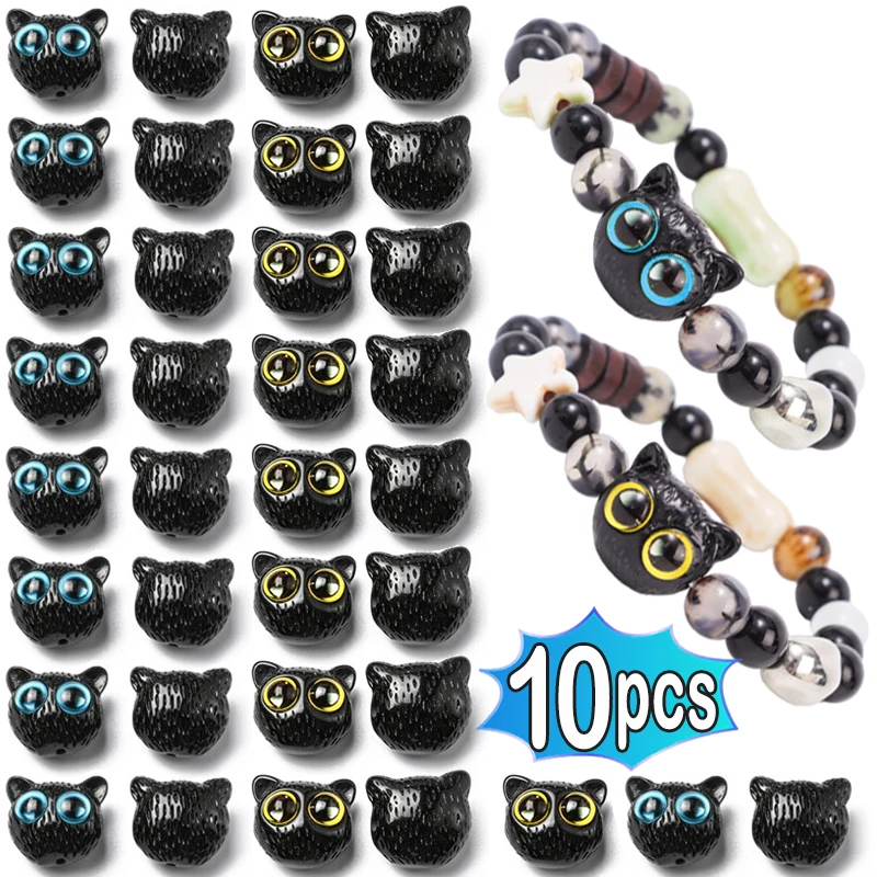 Big Eyed Cat Beads para Artesanato DIY, 3D Cat Head, Handmade Pulseira Material, Desenhos animados Design Acessórios, 10PCs