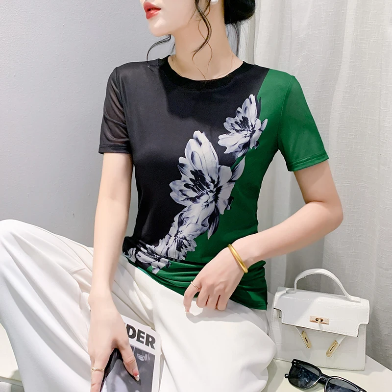 

2024 New Summer European Clothes Mesh T-Shirt Fashion Sexy O-Neck Patchwork Print Women's Tops Bottoming Shirt Slim Tees 45080
