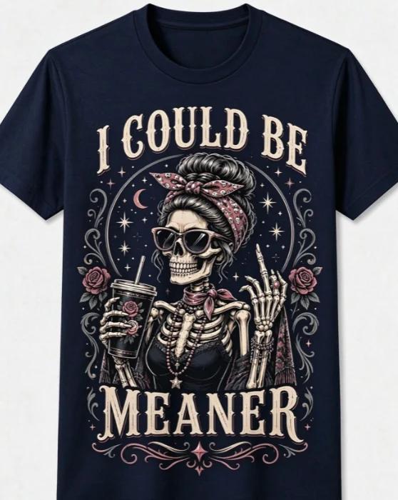 2026 Fashion New Arrival Halloween Skeleton Graphic Tee Women I Could Be Meaner Funny Skeleton Lady Print Black Crew Neck Short Sleeve Casual Gift Basic T-Shirt