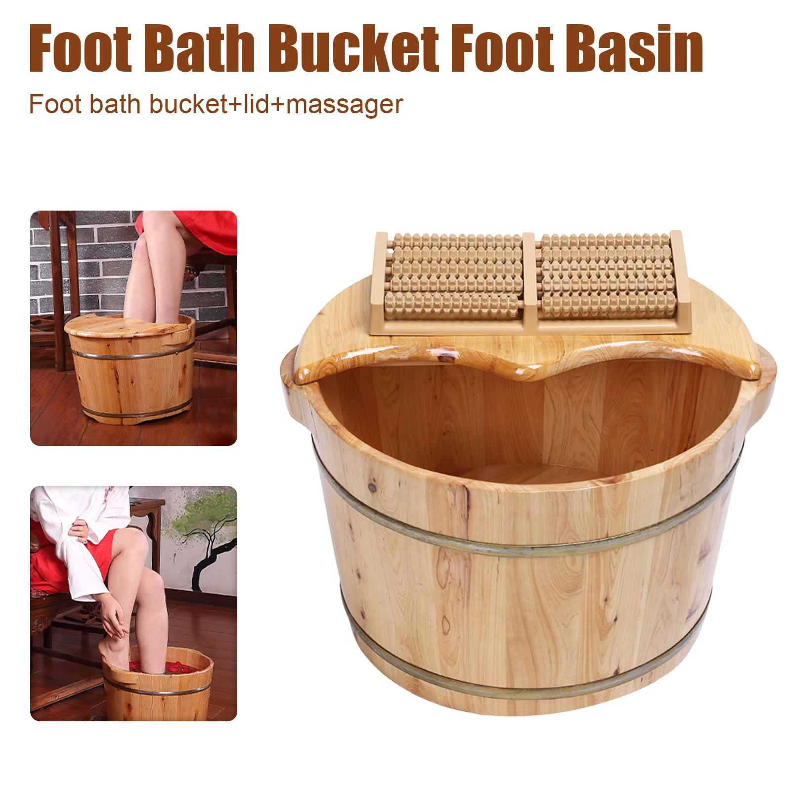 Foot Basin Foot Bath Bucket Foot Massage Plus Cover Plate with Massager Wood Bucket