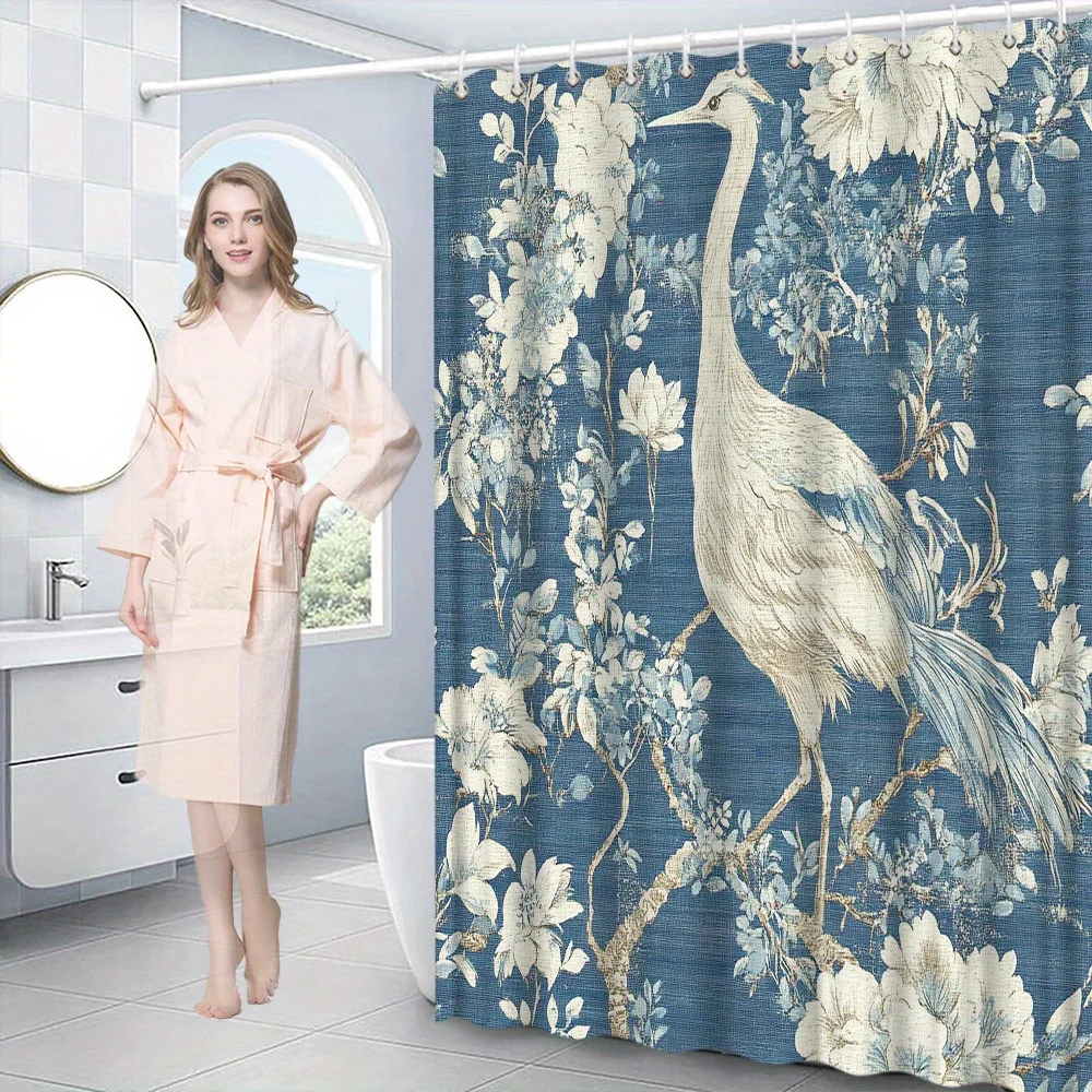 

Занавеска для ванной Serene Heron – темно-синяя с цветочным узором, белая птица на ветке, акварельный принт, водонепроницаемый полиэстер, 70×70 дюймов, 12 крючков