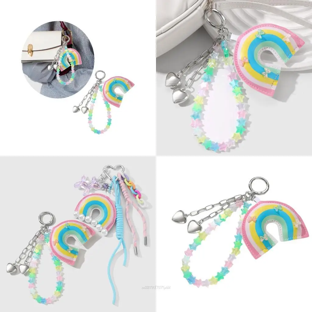 

X5XA Braided Rope Keyring Star Keychain Leather Rainbow Car Chain Lovely Heart Keyrings Bag Pendant Ornaments Bag Charm