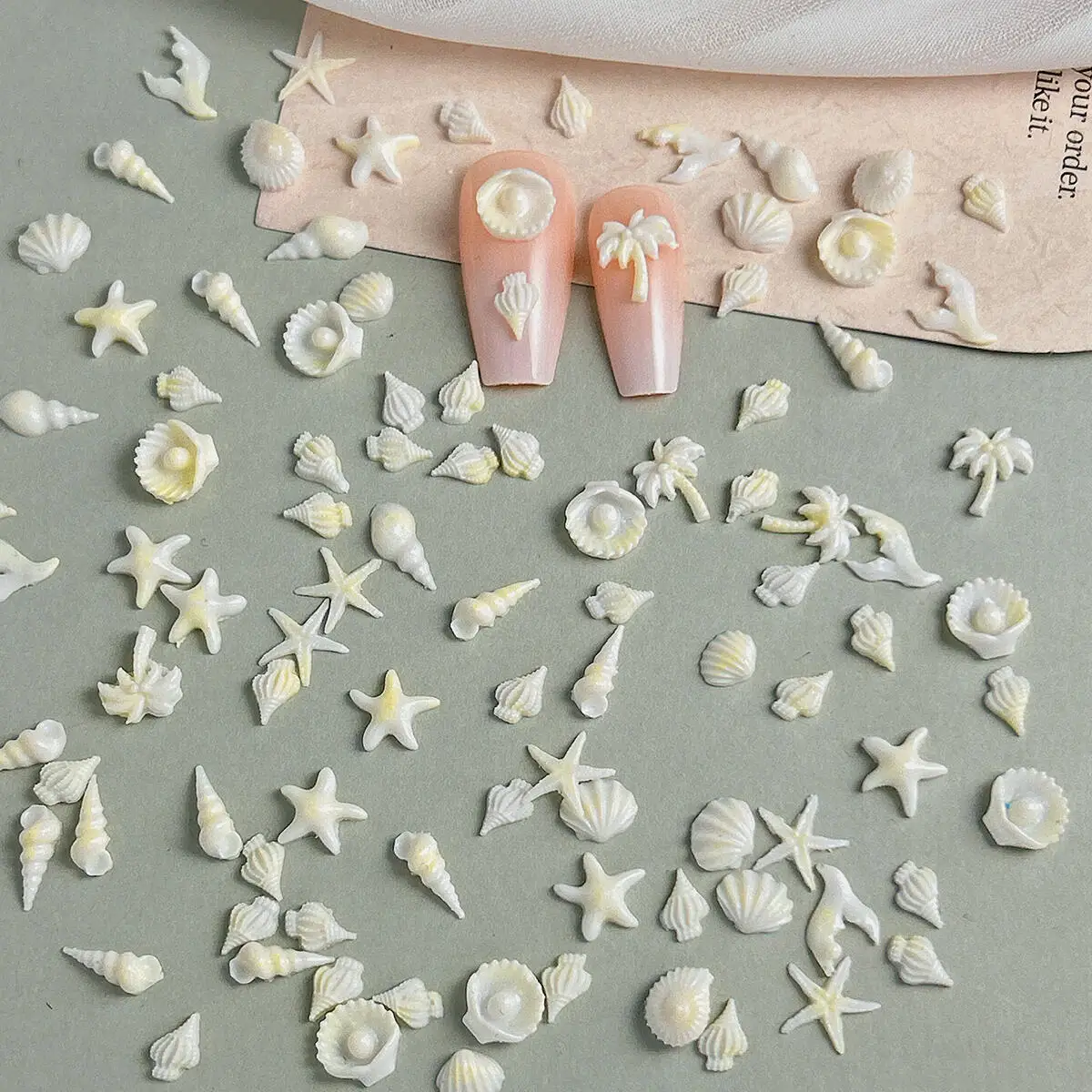 50PCS 3D Ocean Series Beige Shell Conch Resin Nail Charms Creative Realistic Fishtail Coconut Tree Nail Art Accessories for DIY