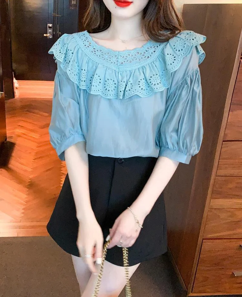 Clothing Ruffle Frill Women's Shirts and Blouses with Sleeves Top for Woman Loose Chiffon Cool Pretty Korea Stylish Fashion 2024