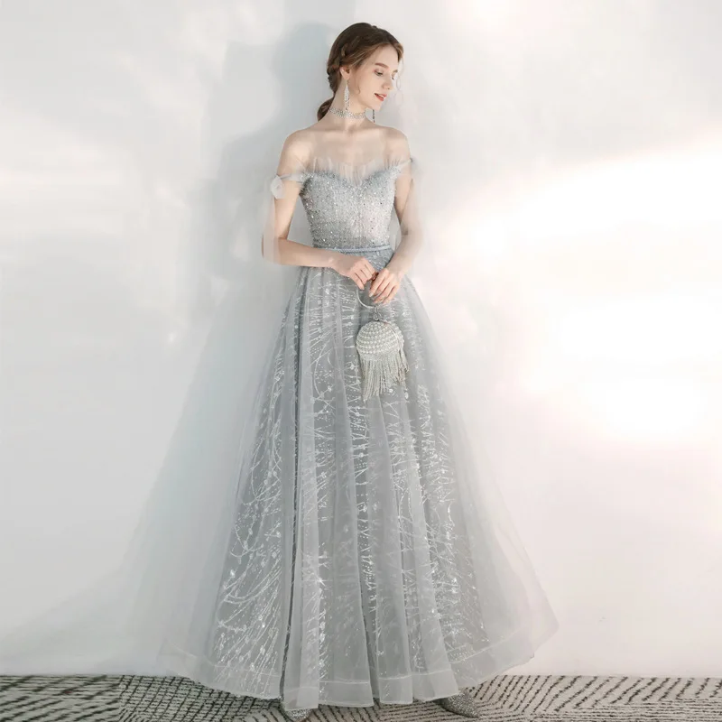 

Very Luxury Dress for Women Wedding Sequin Bead Banquet Long Prom Dress Young Ladies Elegant Off Shoulder Evening Party Dresses