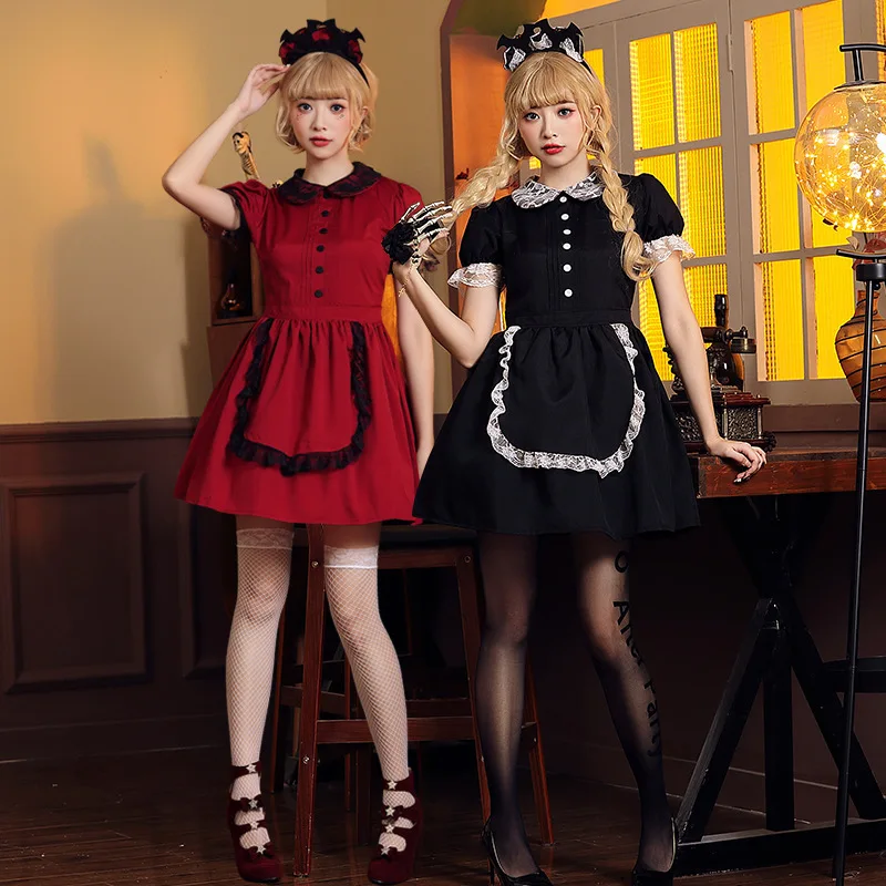 

Halloween Costume Red Black Lace Slim Fit Evil Castle Maid Cosplay Outfit Bat Headwear Nylon Polyester Spring New Arrival