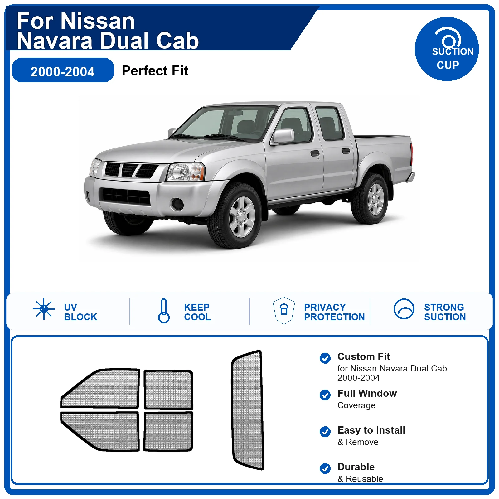 For Nissan Navara Dual Cab 2000-2004 Custom Full Set Windshield Sun Shade Aluminum Foil Heat Insulation Anti UV Foldable