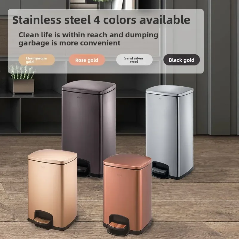 Stainless steel foot stepping trash can home square silent buffer foot pedal court kitchen bathroom office storage bucket