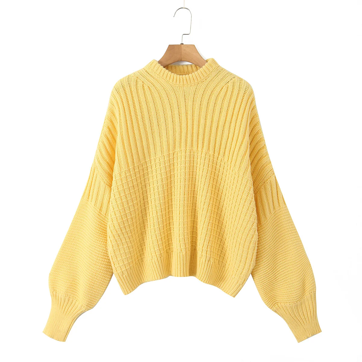 2024 Autumn Green Rib Knitted Full Sleeve Pullover Sweater O neck Loose Jumper Knitwear Yellow