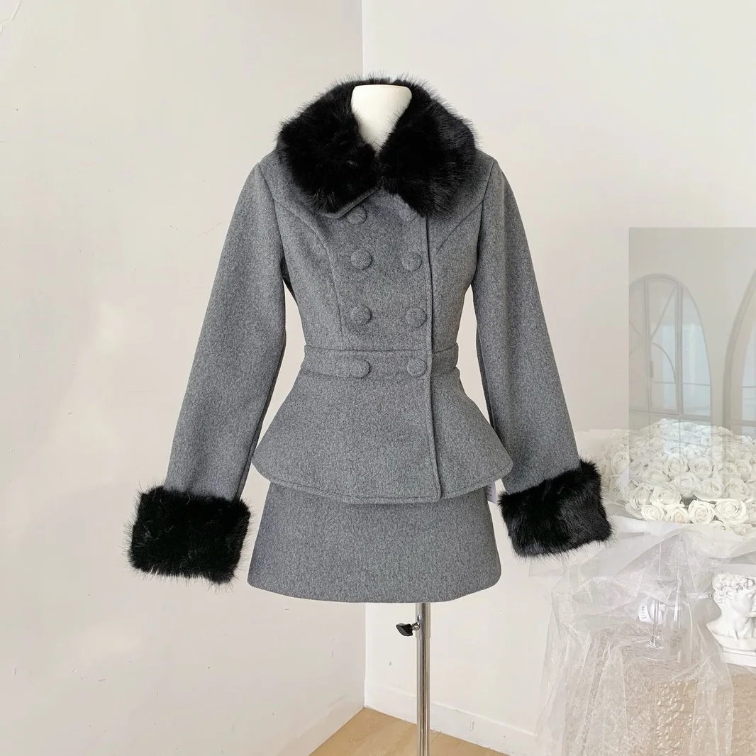 Autumn French Fur Collar and Fur Cuffs High-end Waist-cinching Double-breasted Top and Short Fashionable Casual Mini Skirt Set