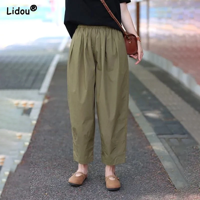 

2023 Summer Korean Edition Fashion Simple Commuting Loose Casual Elastic Waist Pocket Solid Color Straight Oversize Haren Pants