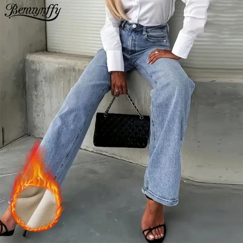

Benuynffy, зимние винтажные плюшевые теплые джинсы, уличная одежда, 2025 г., женские винтажные повседневные толстые флисовые широкие джинсовые брюки с высокой талией