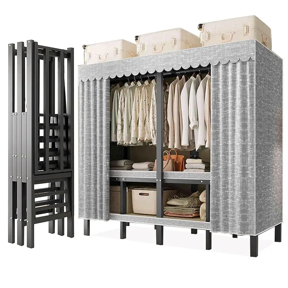 

Heavy Duty Metal Clothing Ra With Cover Foldable Covered Clothes Ra With 2 Hanging Rods Freestanding Portable Tall Wardrobe