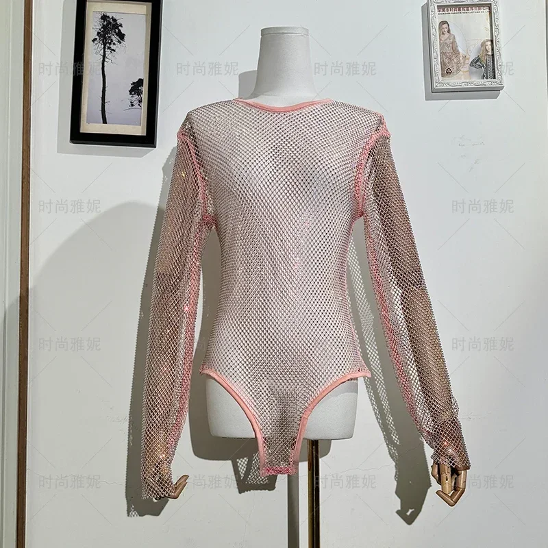 Fashionable Sexy Performance Clothes Mesh Hollow Jumpsuit Round Neck Perspective Long Sleeve Sparkling Bottoming Shirt for Women