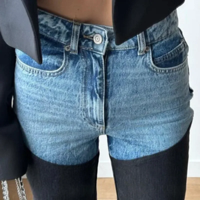 ANJY 2025 Wiosna Jesień Nowe Damskie Modne Jeansy Proste z Blokami Kolorów i Patchworkiem, Styl Uliczny, Casualowe, Postarzane Spodnie Denimowe A15988