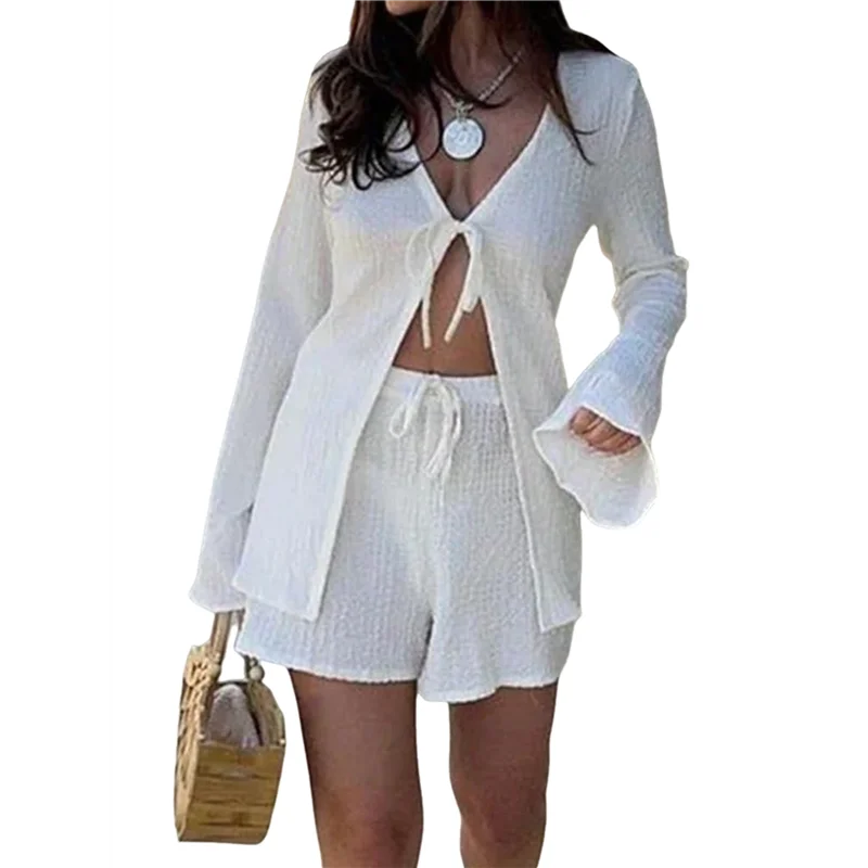 ASDS-dames 2-delige outfits zomer stropdas voorkant bel lange mouwen tops en elastieken hoog getailleerde shorts sets