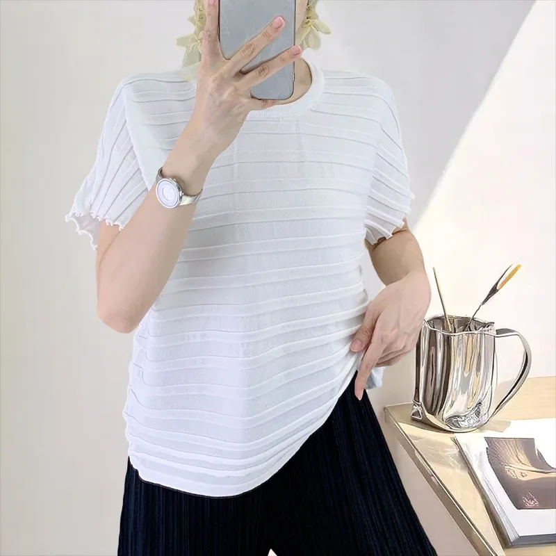 

Miyake Round Neck Pleated Short-sleeved T-shirt Women Loose High Elasticity New Women's Versatile Solid Color Tops Simple Casual