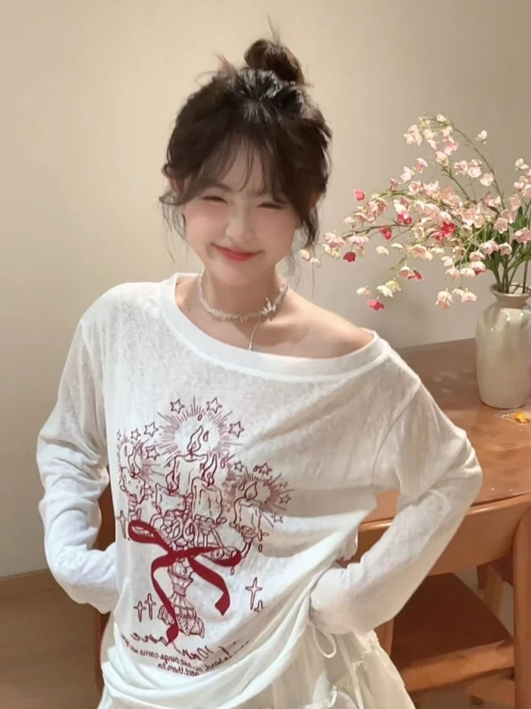 Verão 2025 fiti inclinação oulder camiseta feminina fina longa sve único bonito coreano sle chique sunade topo