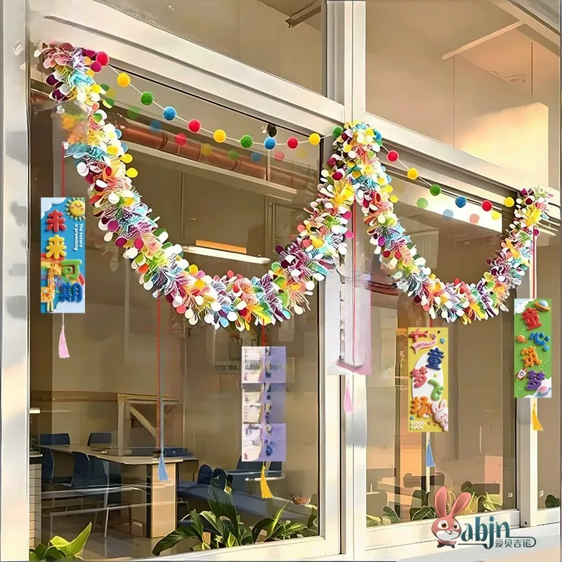 kindergarten-opening-season-atmosphere-decorations-window-display-ribbon-flag-class-background-arrangement-educational-supplies