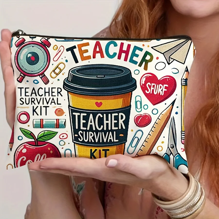Teacher-Themed Travel Cosmetic Bag -Foldable Lightweight Zipper Pouch with Vibrant Zipper Closure Storage Bag Pencil Beauty Case