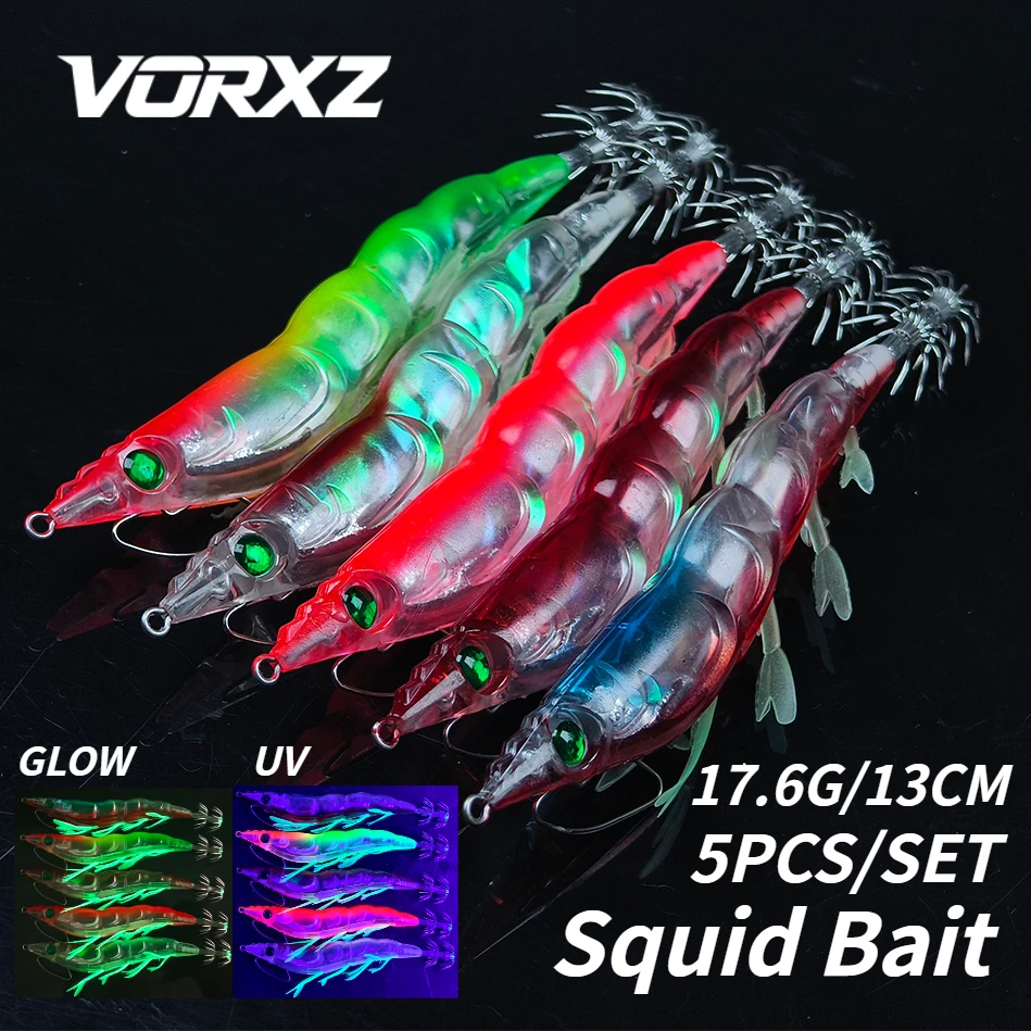 

5PCS/SET 17.6G/13CM Squid Jig Egi UV Glow Luminous Shrimp Lure Sharp Hook Saltwater Bait for Squid Cuttlefish Octopus Fishing