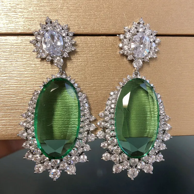 Bilincolor Fashion Green Oval Cubic Zircon Earring for Women Wedding Dinner Party Jewelry Gift