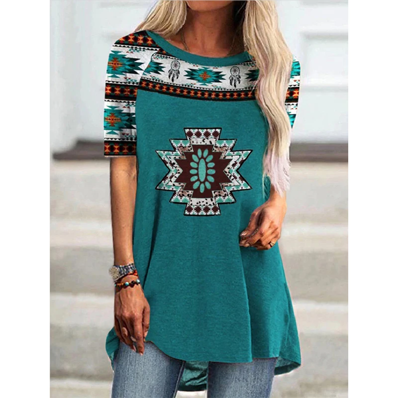 Zachodni etniczny styl T-shirt 3D nadruk geometria Streetwear kobiety Retro tunika T-shirty Y2K topy Tees kobieta dziewczyna szeroka odzież — zdjęcie 3