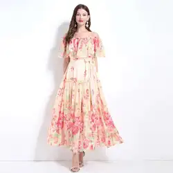 Elegant Holiday Floral Maxi Dresses Women Summer 2025 Sexy Slash Neck Ruffles Loose A Line Evening Party Chiffon Long Dress