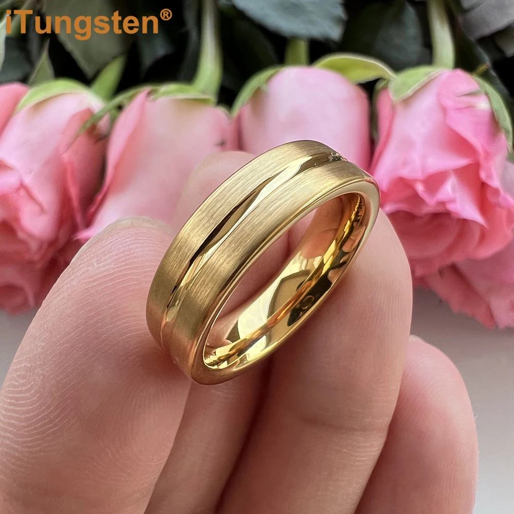 iTungsten 6mm Men Women Tungsten Carbide Ring Flat Band Center Groove With Brushed Finish Comfort Fit