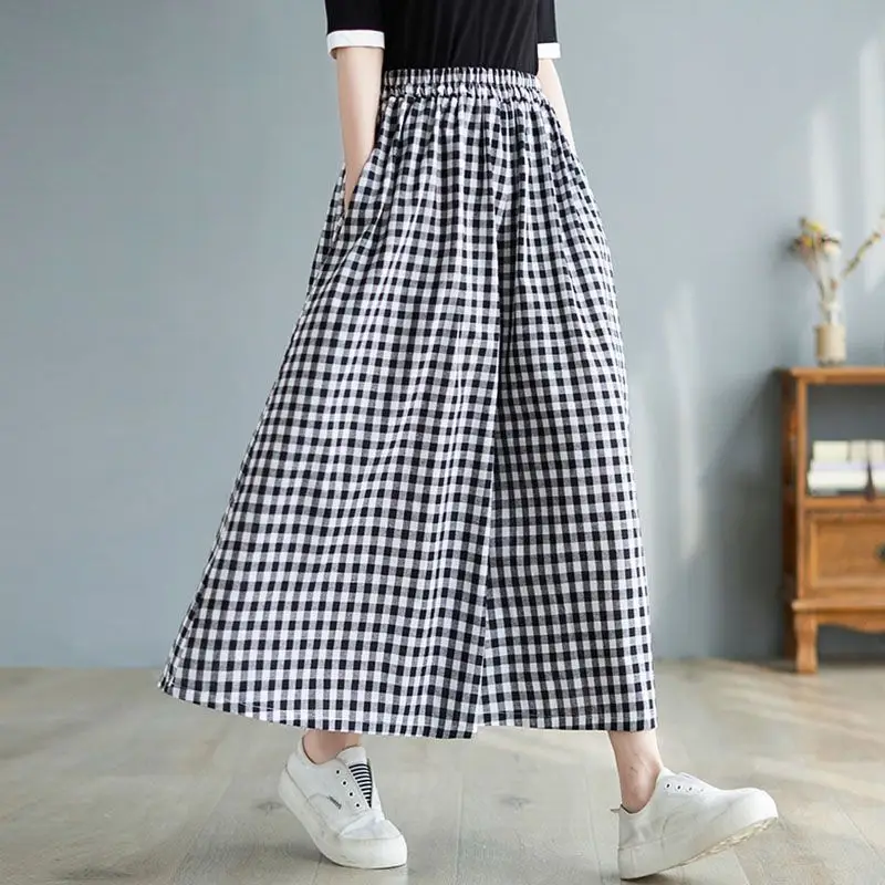 Ladies Casual Korean Plaid Elastic Waist Ankle-length Pants Summer Women Clothing Prairie Chic Pleated Loose Wide Leg Pants