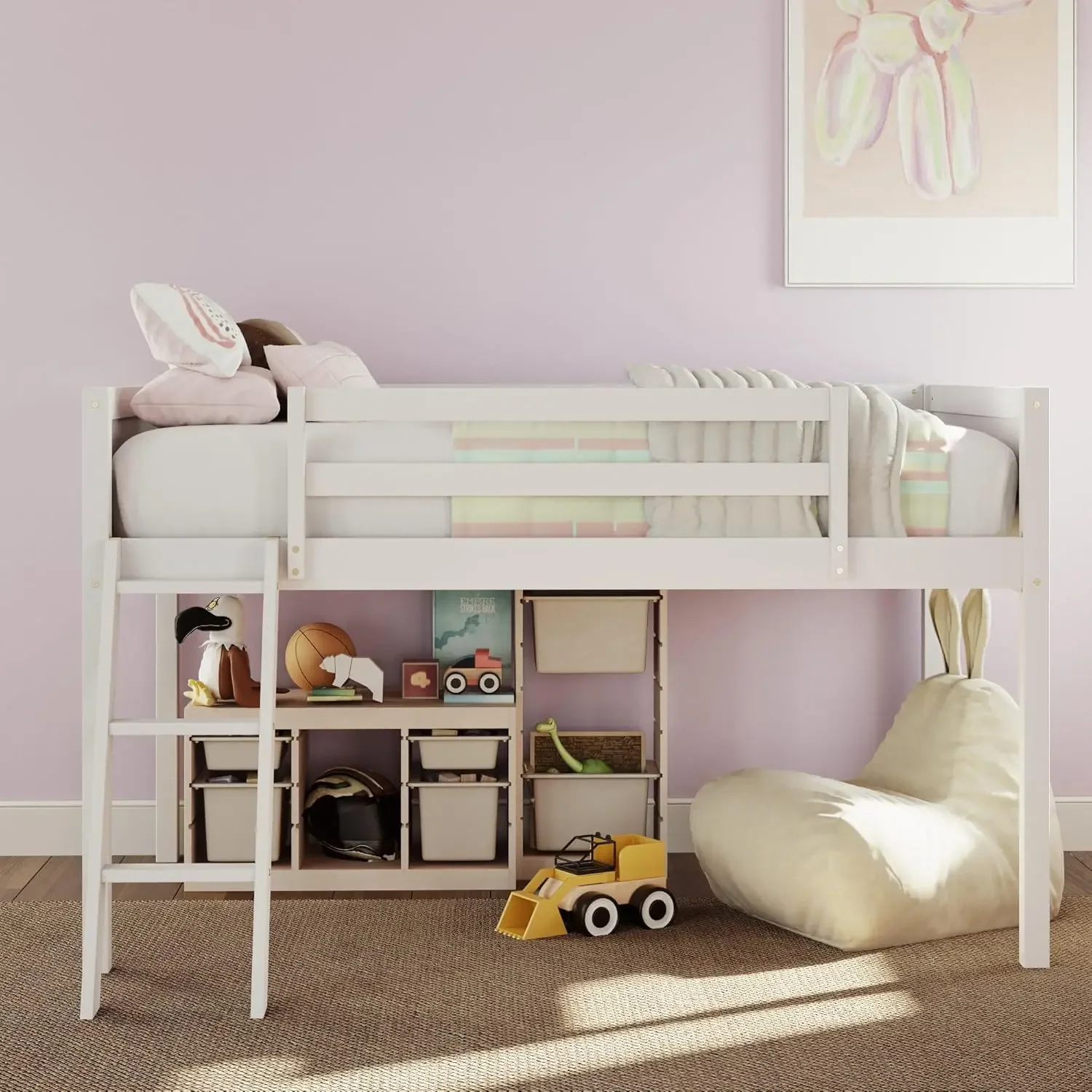 Ladder,Wooden Low Loft Bed with Guardrail for Kids or Teens,Space Saving,No Box Spring Needed,Twin Size, White Color