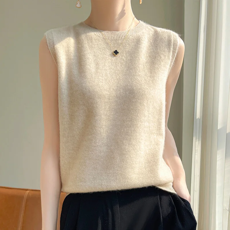 Seamless 100% Pure Wool Vest  Women's Round Neck Pullover Spring/Summer New Needle Sleeveless Vest Solid Color Camisole