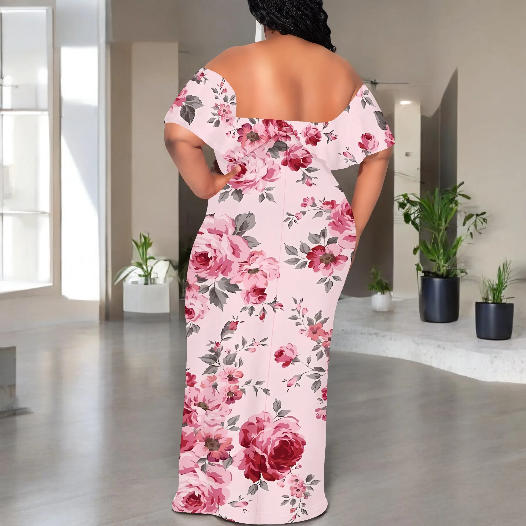 ชุดเดรสพิมพ์ลายดอกไม้นูปูซาสำหรับผู้หญิงขนาดบวกฤดูร้อนลำลองปิดไหล่ชุดแม็กซี่เดรสเข้ารูป