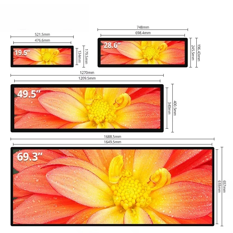 

19.5 24 28 34 43 Inch Stretched Bar Lcd Screen Supermarket Shelf Android Video Player for Advertising