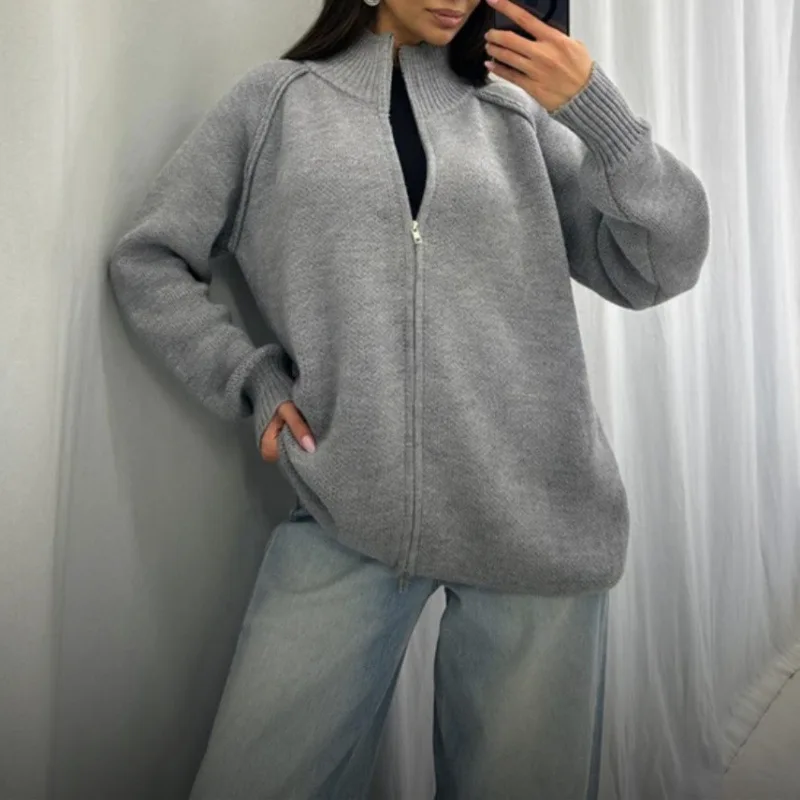 

European and American Solid Color Stand Collar Knitted Cardigan for Women Autumn Winter New Thickened Zipper Sweater Coat Top