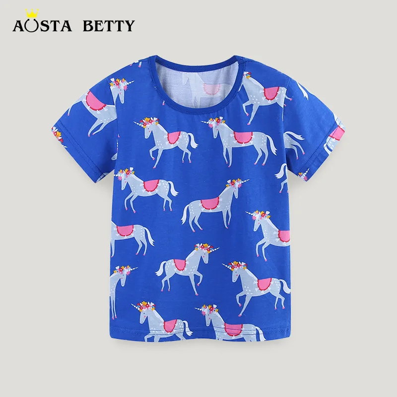 

Summer New GirlsTT-shirt Cartoon Unicorn Printed Cotton Children's Sweatshirt Baby round Neck Short Sleeve TopAosd