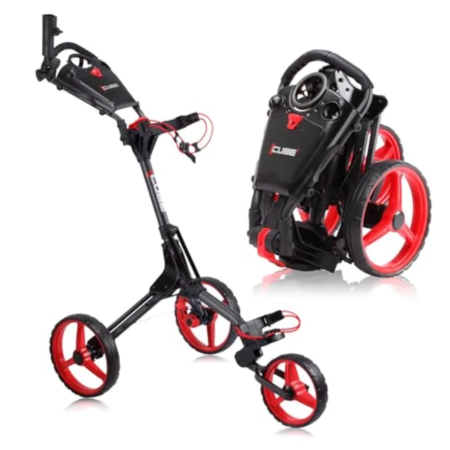 

CUBE CART 3-Wheel Golf Push Cart Ultra-Compact Two-Step Folding Lightweight 14.5 lb Frame with Adjustable Handle Foot Brake Umb
