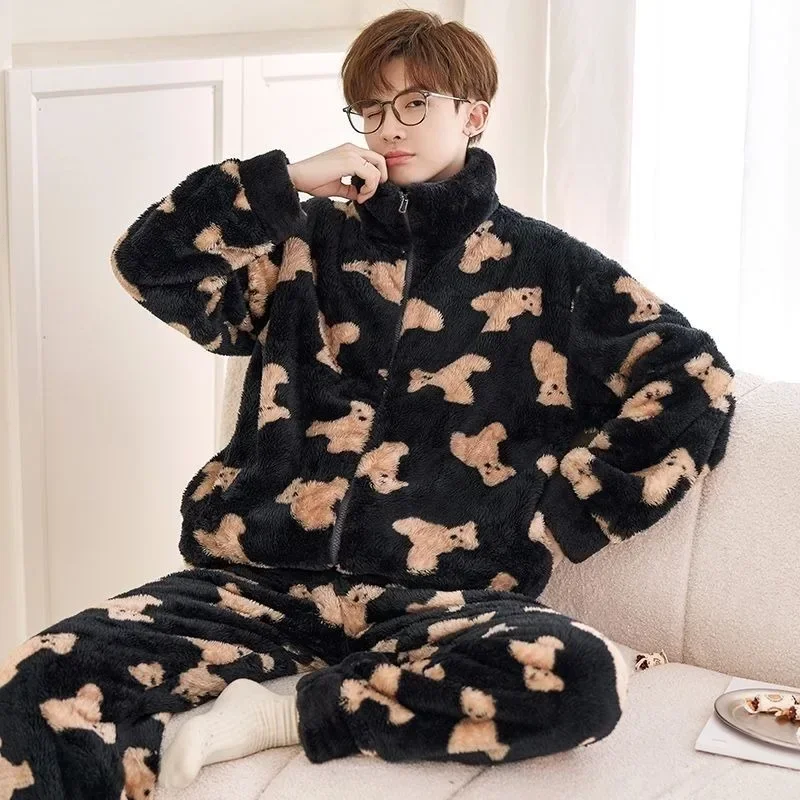 2024 New Men\'s Flannel Winter Coral Velvet Pajamas Male Youth Warm Loungewear Suit Thicken Larged Size Home Clothing Set Pijama