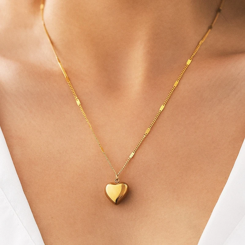 Gold Plated Stainless Steel Puffy Heart Pendant Necklace Dainty Romantic Jewelry Gift for Women Birthday Anniversary Valentine's