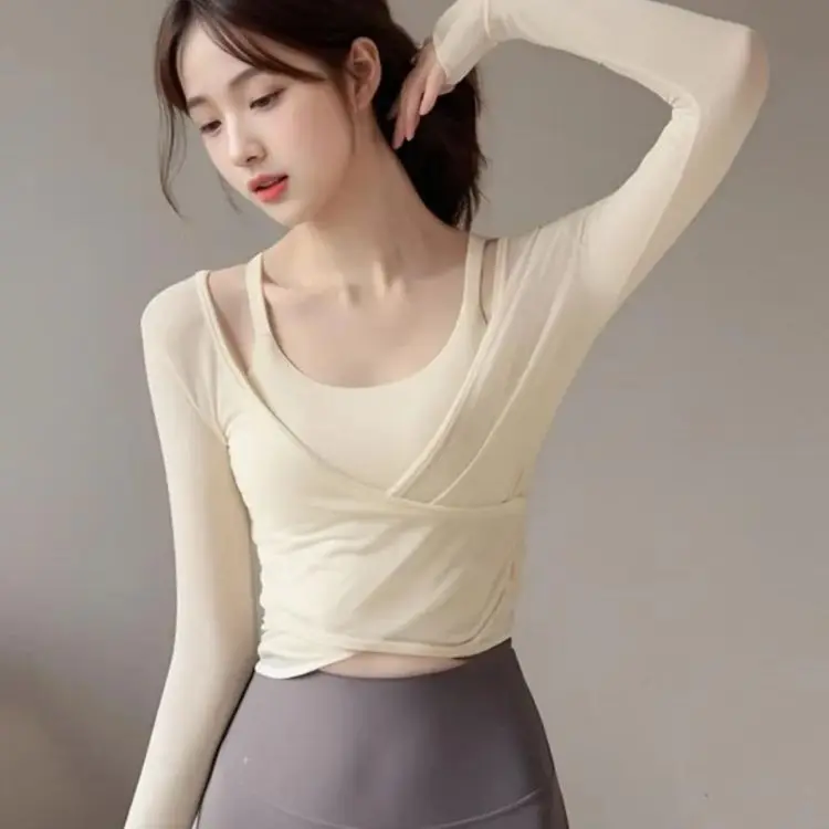 Women's Yoga Clothes Long Sleeve T-Shirt with Chest Pad Slimming Fashionable Pure Color Design Can Be Worn outside Top