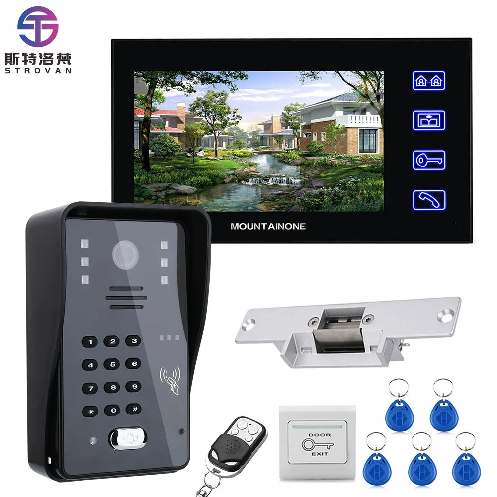 

7" RFID Password Video Door Phone Intercom Doorbell With IR 1000 TV Line With NO-Electric Strike Door Lock