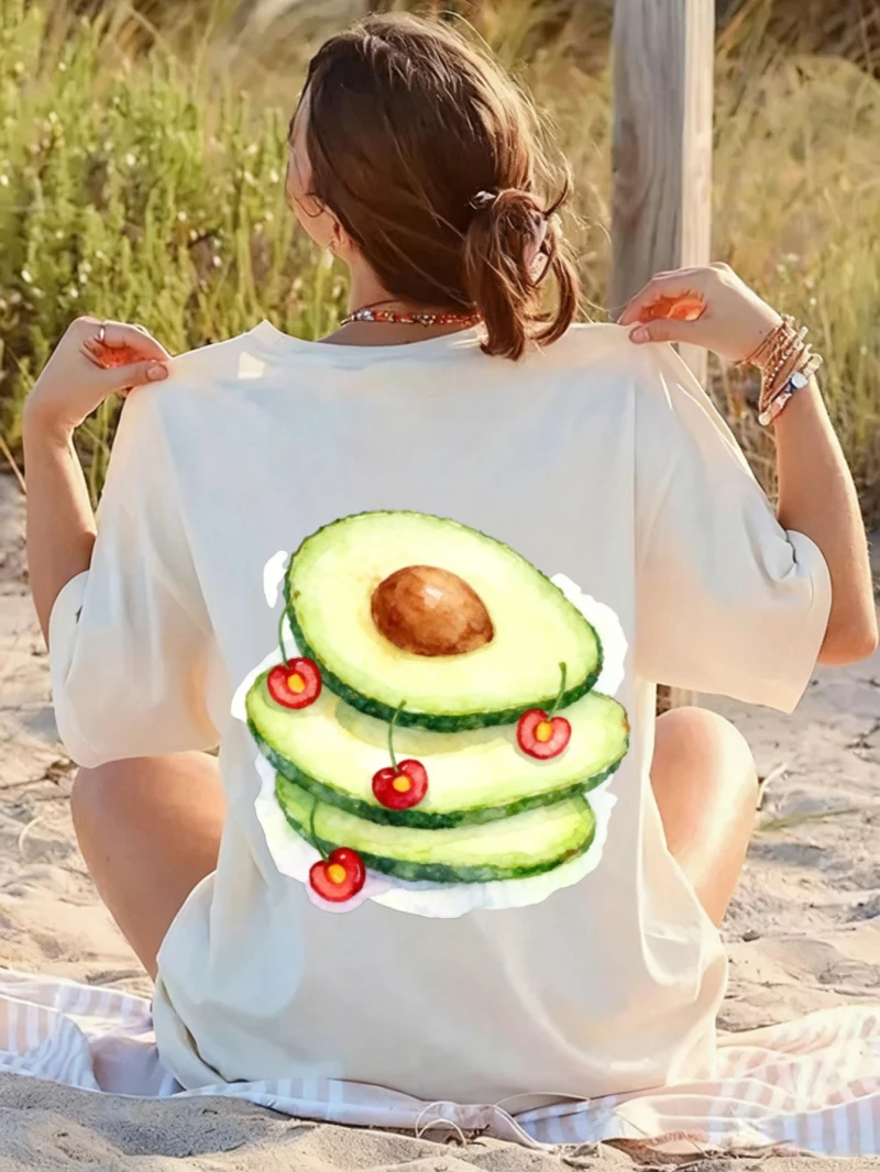 

Футболка с короткими рукавами, женская свободная футболка с короткими рукавами, ломтики авокадо, с принтом вишни, летняя пляжная повседневная одежда