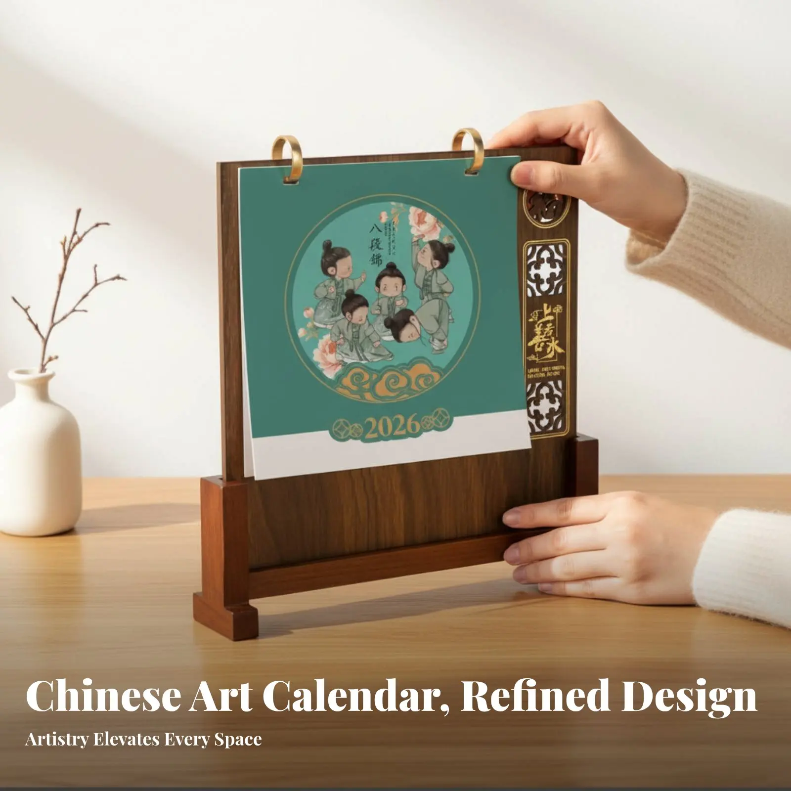 

Календарь на 2026 год, деревянный настольный календарь цвета бургунди, в китайском стиле, с золотой фольгой, праздничный, новогодний, декоративный, подарочный, оптом