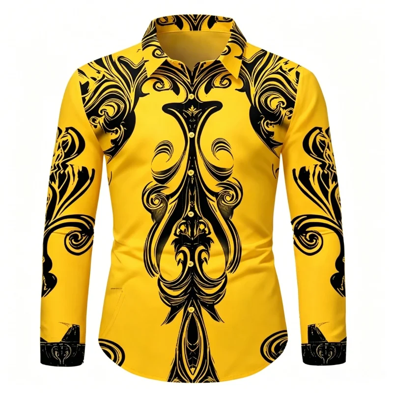 Vintage Gothic Swirl Pattern Mens Long Sleeve Shirts Luxury Baroque Floral Print Slim Fit Lapel Casual Night Club Prom Party Mal
