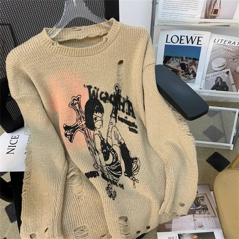 

Winter New Subculture Knitwear Japanese Vintage Anime Print Long-sleeved Sweater Design Sense of Loose Casual Women's Clothing