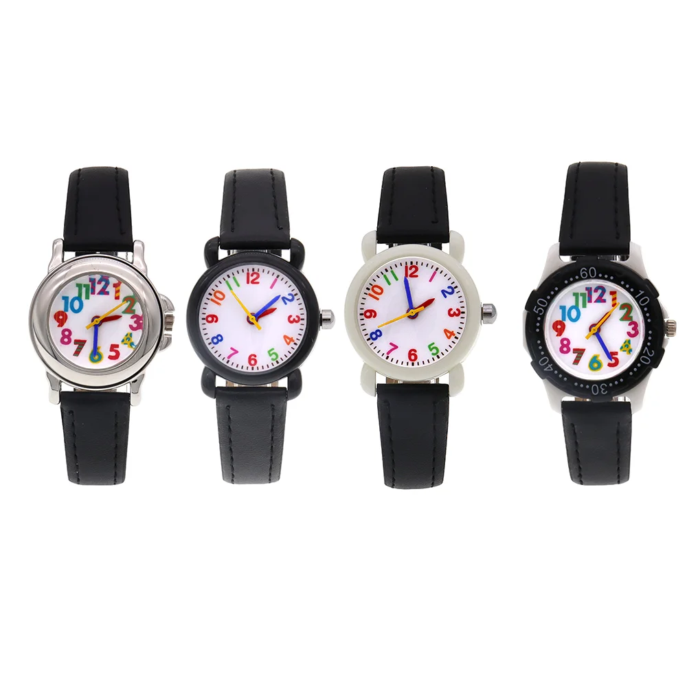 4Pcs  Boys Girls Quartz Wristwatches Simple Watch School Students Watches Black Strap
