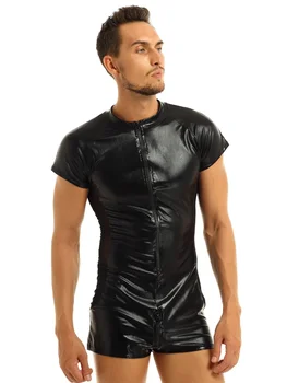 Men Bodysuit Men Sexy Leather Bodysuit Zipper Open Crotch For Sex Glossy PVC Leather Shiny Latex Leotard Crotchless