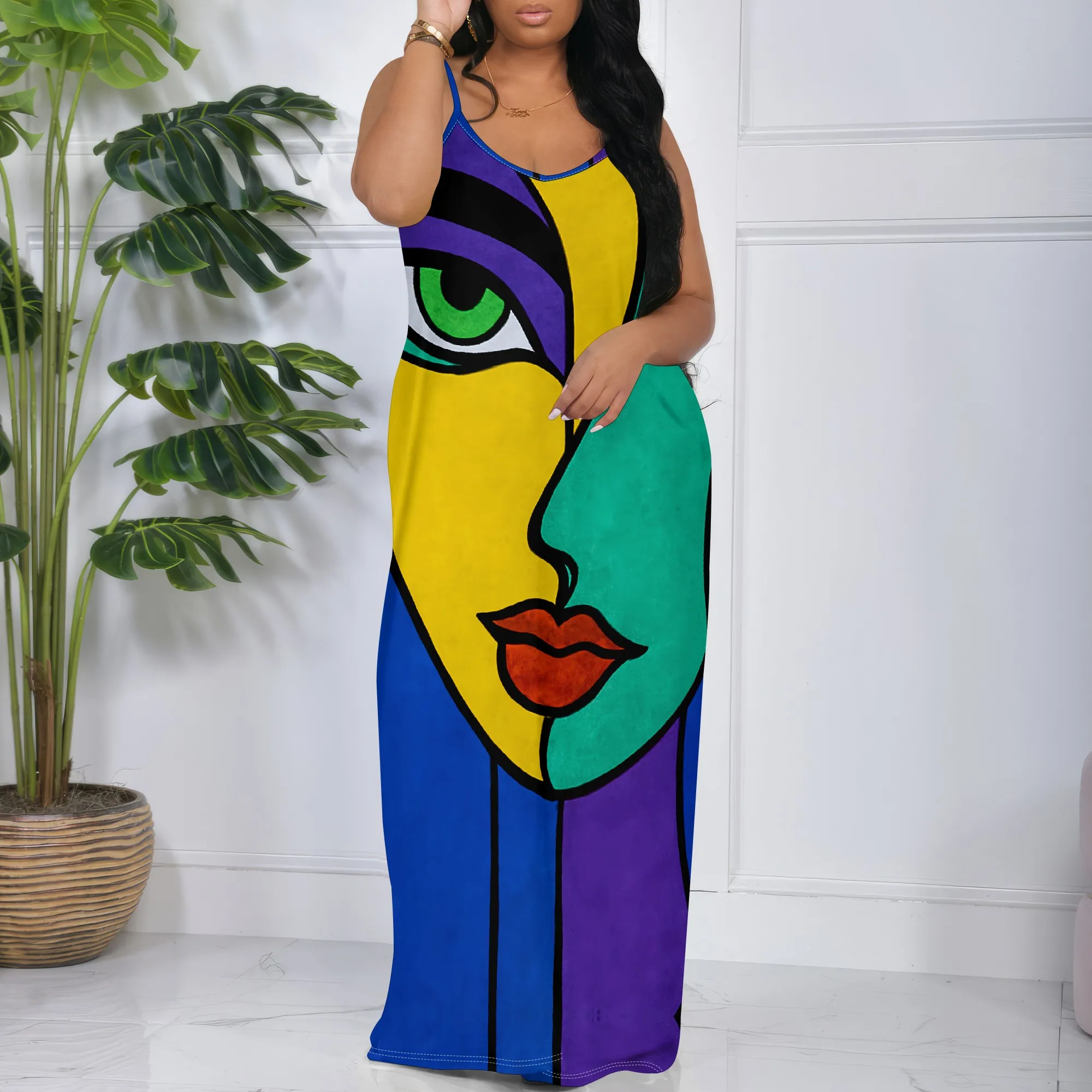 

Colorful Face Art Maxi Dress for Women S-3XL Sleeveless Summer Juneteenth or Afro Art Festival Look Bold Cultural Statement Styl