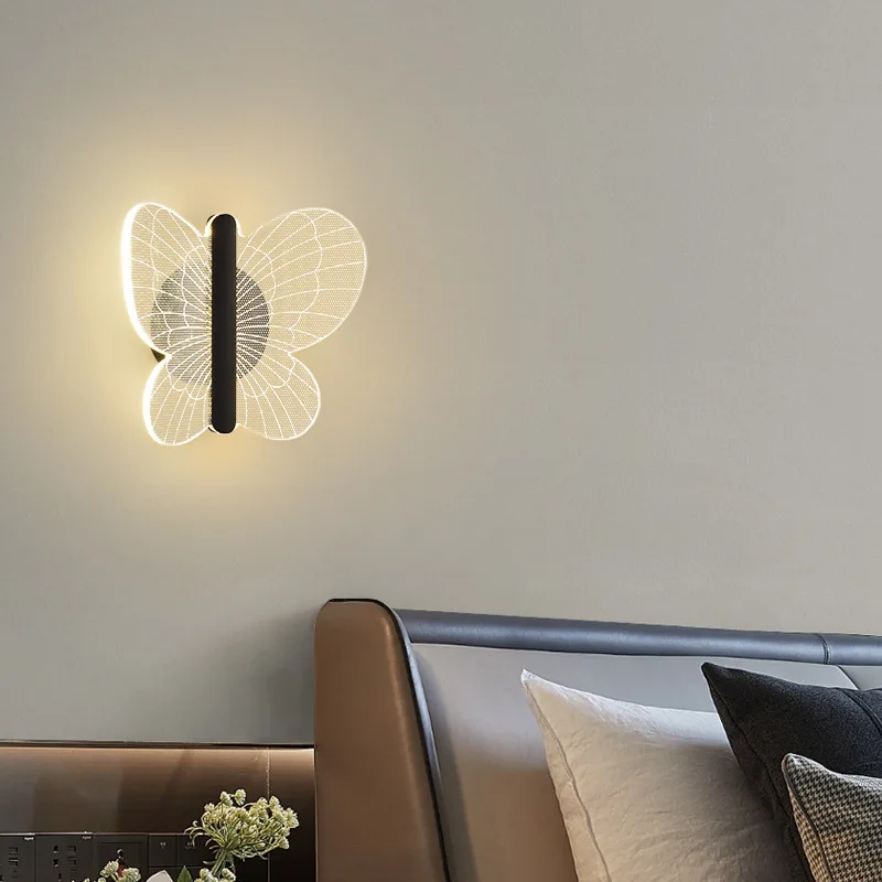 Led Acrylic Butterfly Wall Light Lamp Lampara De Pared Dormitorio Three-Color Dimming Indoor Bedroom Living Room Home Decoration